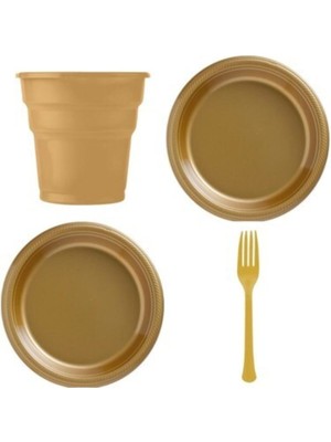 Canbolat Plastik Tabak Bardak Çatal Seti - Lüx Plastik 25 Kişilik Doğum Günü Set - Gold