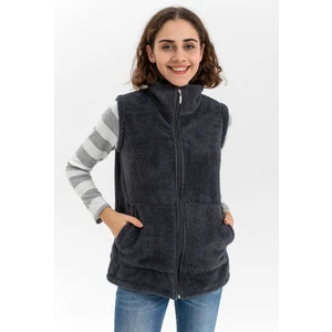 Kadın Antrasit Dik Yaka Fermuarlı Peluş Yelek