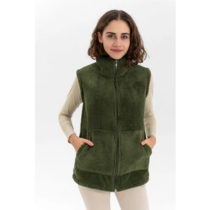 Etkimod Kadın Hakiyeşil Yaka Fermuarlı Peluş Yelek