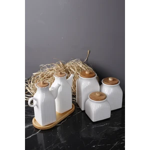 Kitchen Pembelia 6 Parça Ahşap Standlı 2'li Yağdanlık ve 3'lu Çay Şeker Tuz Kavanoz Set Çeyizlik Set