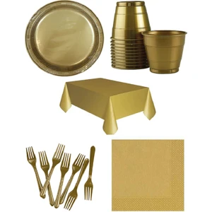 Plastik Gold Tabak, Bardak ,çatal, Masa Örtüsü Peçete, Seti 40 Kişilik