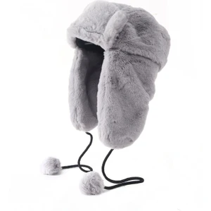 Suni Kürk Peluş Kulaklı Ponpon Detaylı Şapka - Gri