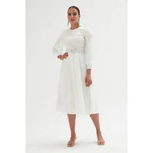 Omuz Detaylı Saten Elbise 695-BEYAZ 38