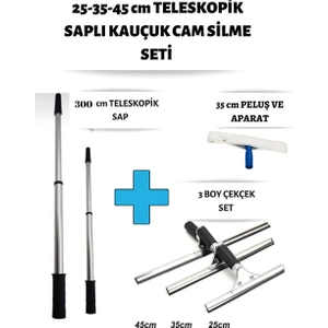 Cam Silme Seti Teleskopik Saplı 3 Boy Çekçek Silecek Kafa Dayanıklı Pratik Kullanışlı Pencere Yıkama