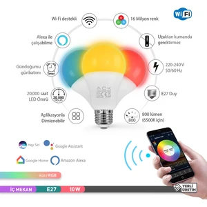 Wi-Fi Akıllı LED Ampul, Ayarlanabilir RGB Ampul, Uzaktan Kontrollü