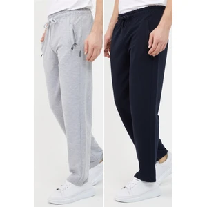 Gri-Lacivert Erkek Büyük Beden 2'li Düz Paça Cep Fermuar Detaylı Rahat Kesim Eşofman Altı