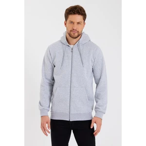 Metalıc Gri Kanguru Cepli Kapüşonlu Fermuarlı Içi Pamuklu Erkek Sweatshirt