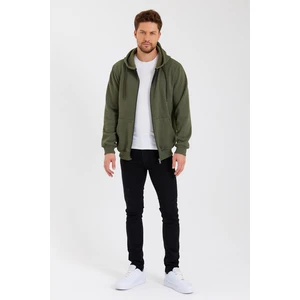 Metalıc Haki Kanguru Cepli Kapüşonlu Fermuarlı Içi Pamuklu Erkek Sweatshirt