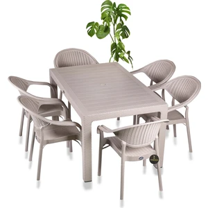 Çavdar Group Rattan Camsız 90X150 Masa ve 6 Adet Bambu Sandalyeli Masa Takımı-Bahçe Balkon Teras Raddan Masa Seti