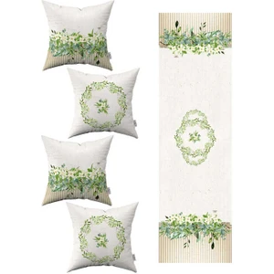 Cango Home Krem Yeşil Çiçek Desenli 4lü Kırlent Kılıfı 1 Runner Seti 4KMBS256-RS