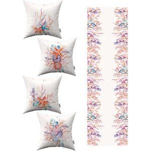 Cango Home Mavi Turuncu Marin Desenli 4lü Kırlent Kılıfı 1 Runner Seti 4KMBS287-RS