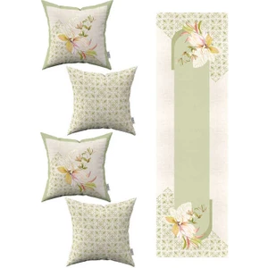 Cango Home Yeşil Krem Dekoratif Çiçek Desenli 4lü Kırlent Kılıfı 1 Runner Seti 4KMBS262-RS
