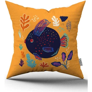 Cango Home Turuncu Mavi Marin Desenli Dijital Baskılı Kırlent Kılıfı CGH1177