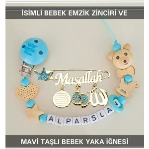 Sahi Aksesuar Isimli Bebek Emzik Zinciri ve Beyaz Taşlı Bebek Yaka Iğnesi BEZYI008