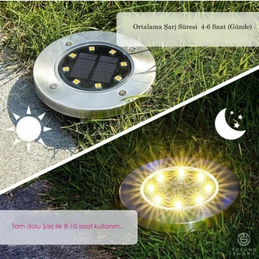 Solar Güneş Enerjili 8 Ledli Kazıklı Çim Zemin Bahçe Aydınlatma 3 W Gün Işığı Sarı Led ( 4 Lü Set