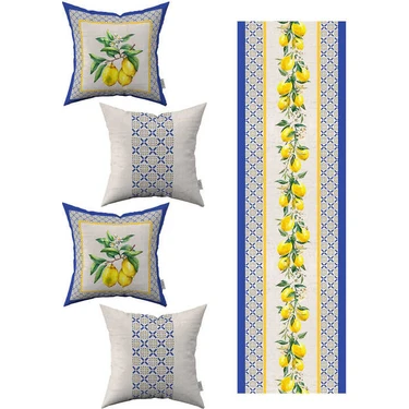 Cango Home Mavi Sarı Dekoratif Limon Desenli 4lü Kırlent Kılıfı 1 Runner Seti