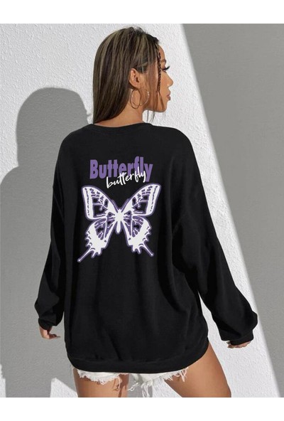 Afro Giyim Kadın Oversize Mor Butterfly Sırt Baskılı Sweatshirt
