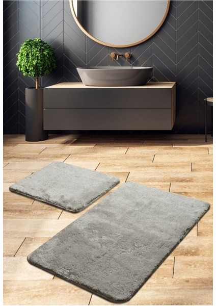 Açık Gri Banyo Halısı Paspası 2'li Set Kaymaz Taban Yıkanabilir
