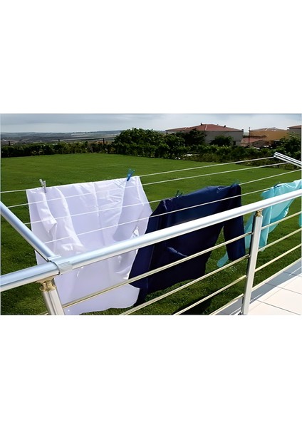 Balkon Çamaşır Kurutma Askılığı Yuvarlak Küpeşte + Çamaşır Ipi 1.kalitekalın Tip