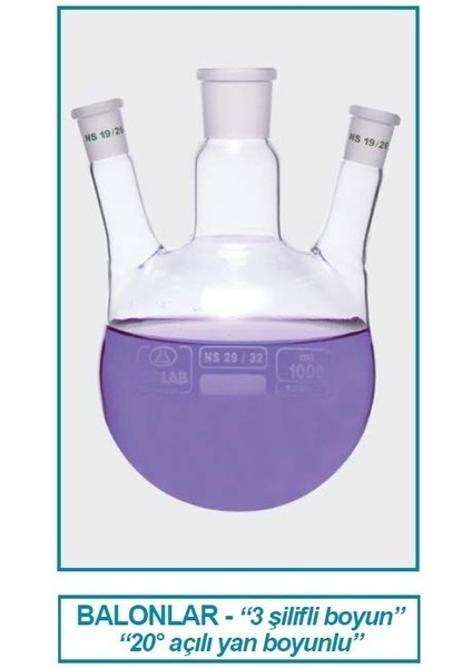 030.41.250 Balon-Dibi Yuvarlak-3 BOYUNLU-BOYUN:NS29/32-YAN BOYUN:NS29/32 - 250 ml (1 Adet)
