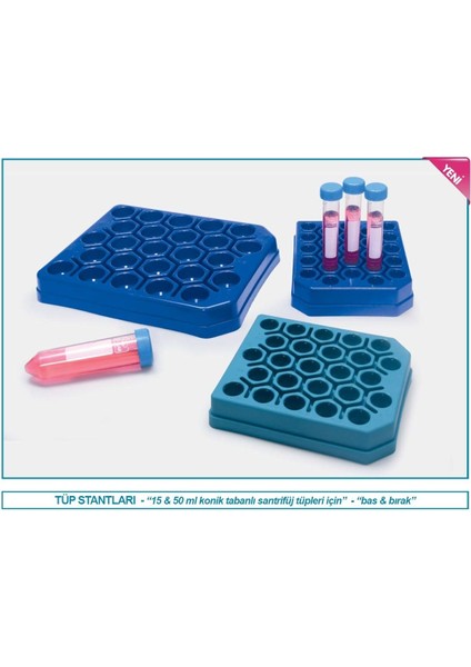 078.06.015B Tüp Standı - P.p - Bas & Bırak Model - 15 ml Tüpler Için - Mavi (1 Adet)