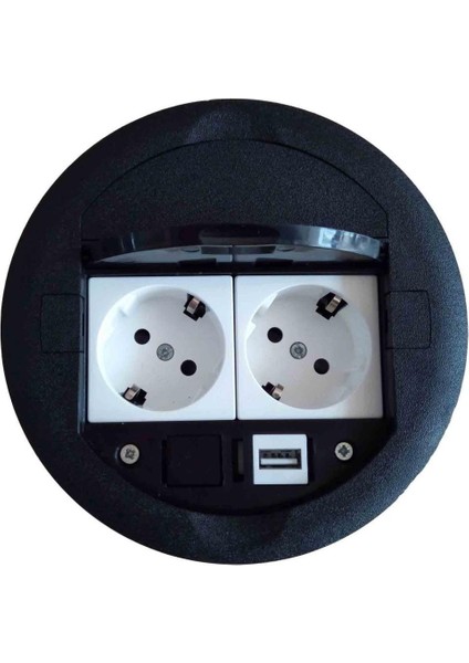 Masa Üstü Priz Kutusu Gömme Tip Siyah + 2 Ad. Priz + 1 Ad. USB Geçiş