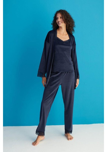 Kadın 13402-1 Dantelli Sabahlık Kadife Pijama Takım Lacivert fiyatları