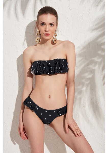 Volanlı Soft Straplez Bikini Takım Puantiye Siyah 207936