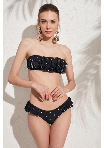 Volanlı Soft Straplez Bikini Takım Puantiye Siyah 207936 fiyatları