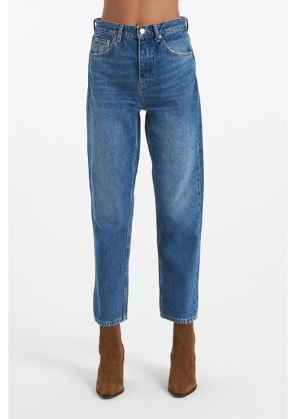 Eliza Cropped Orta Mavi Yüksek Bel Straight Fit Düğmeli Jean Pantolon C 4518-053 modelleri