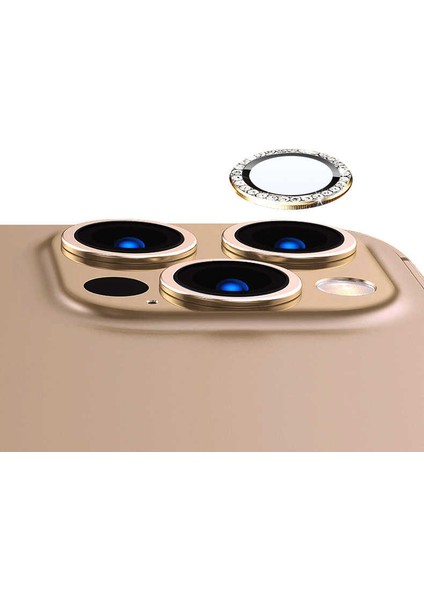 Apple iPhone 14 Pro Max Kamera Lens Koruyucu Taşlı Metal Tekli CL06 Gold