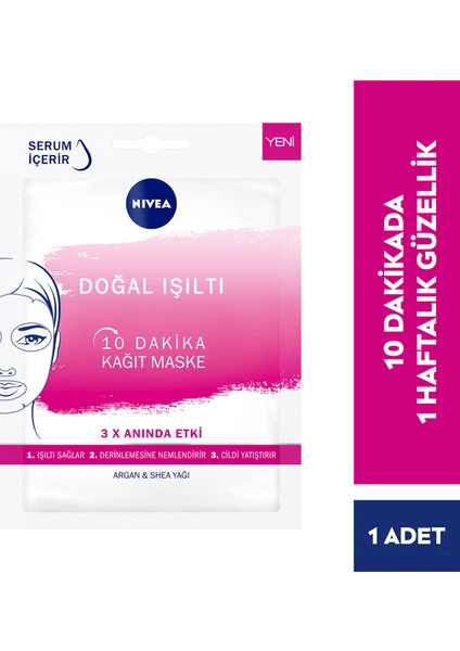 NIVEA Doğal Işıltı 10 Dakika Yüz Kağıt Maske 1 adet;Argan Yağı&Shea Yağı ile Yorgun Ciltler için Mükemmel Bakım;