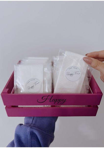 100'LÜ "for Your Happy Tears" Baskılı Stickerlı Paketli Mendil Seti - Düğün Mendili - Nikah Mendili