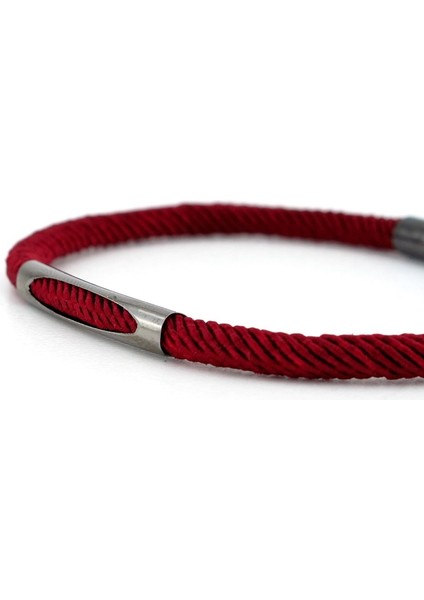 Bordo Örgü Ipli Antrasit Metal Mıknatıslı Erkek Bileklik M028H
