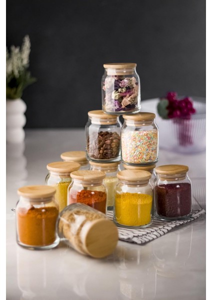 12'li Set Bambu Kapaklı Cam Kavanoz & Baharat Takımı & Baharatlık 250 ml ( Vakum Kapak )