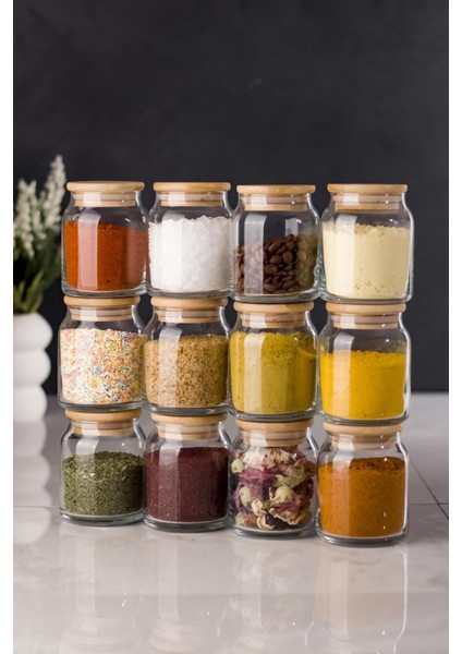 12'li Set Bambu Kapaklı Cam Kavanoz & Baharat Takımı & Baharatlık 250 ml ( Vakum Kapak )