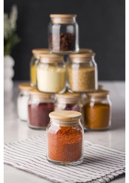 6'lı Set Bambu Kapaklı Cam Kavanoz & Baharat Takımı & Baharatlık 200 ml ( Vakum Kapak )