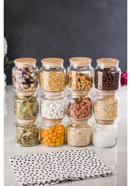 12'li Set Bambu Kapaklı Cam Kavanoz & Baharat Takımı & Baharatlık 500 ml ( Vakum Kapak )