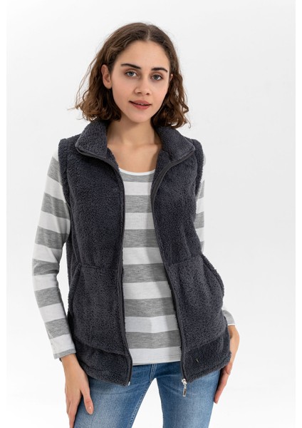 Kadın Antrasit Dik Yaka Fermuarlı Peluş Yelek modelleri