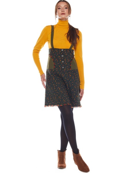 Pazen Haki Salopet Desenli Kısa Etek