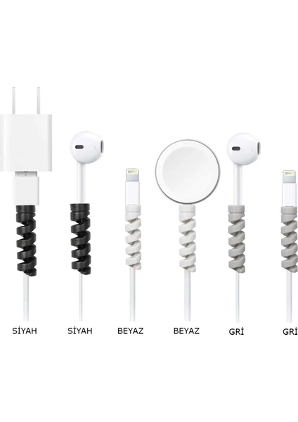 Şarj Kablosu Koruyucu Silikon Spiral Yay Aparat Trend Koruyucu (6 Adet)