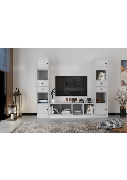 Dört Kapaklı Dört Çekmeceli Tv Ünitesi Beyaz 197 cm Çıtasız TV-1214-Ç