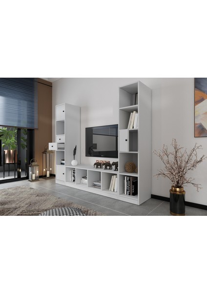 Üç Kapaklı Iki Çekmeceli Tv Ünitesi Beyaz 197 cm Çıtasız TV-1215-Ç modelleri