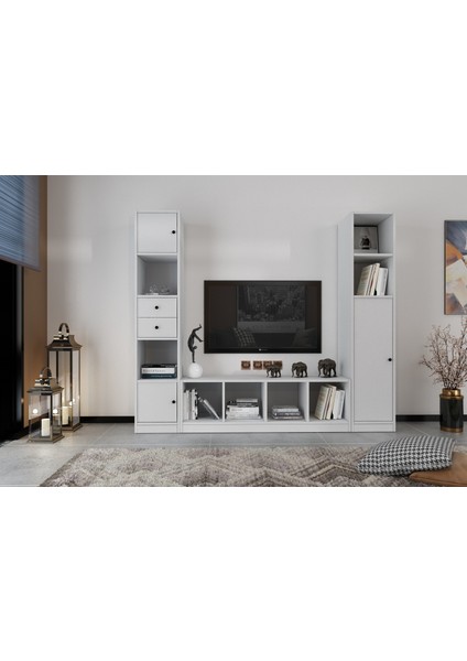 Üç Kapaklı Iki Çekmeceli Tv Ünitesi Beyaz 197 cm TV-1216-Ç