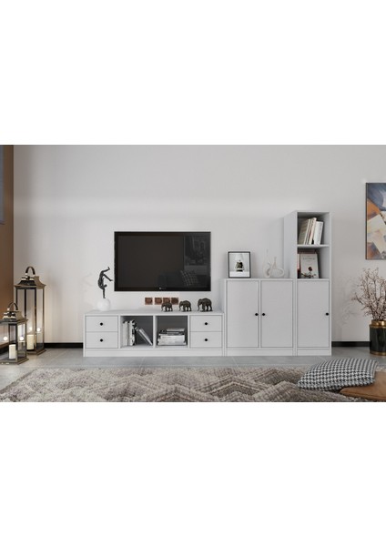 Üç Kapaklı Dört Çekmeceli Tv Ünitesi Beyaz 228 cm TV-1219-Ç