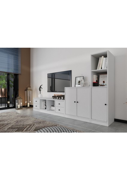 Üç Kapaklı Dört Çekmeceli Tv Ünitesi Beyaz 228 cm TV-1219-Ç fiyatları