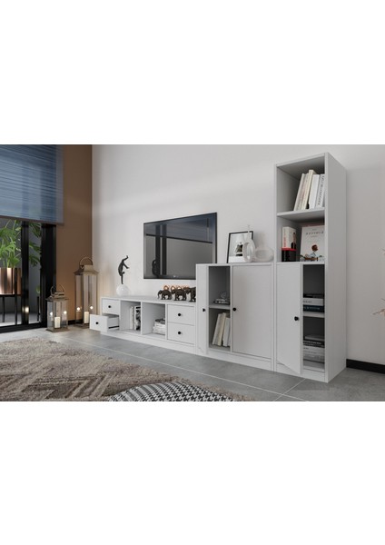 Üç Kapaklı Dört Çekmeceli Tv Ünitesi Beyaz 228 cm TV-1219-Ç modelleri