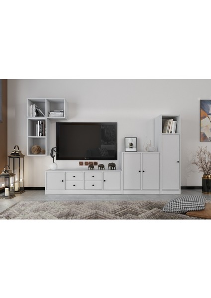 Duvar Raflı Beş Kapaklı Dört Çekmeceli Tv Ünitesi Beyaz 228 cm TV-1220-Ç
