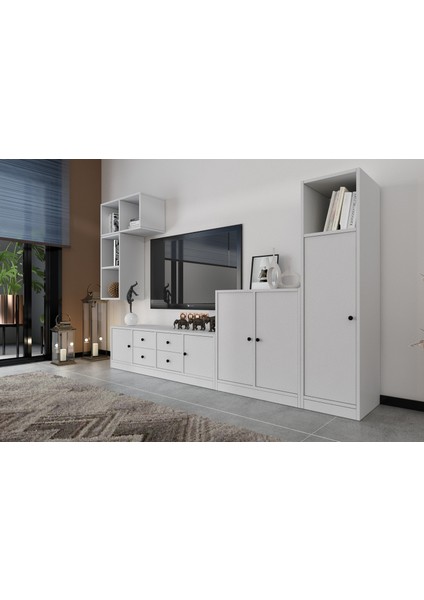 Duvar Raflı Beş Kapaklı Dört Çekmeceli Tv Ünitesi Beyaz 228 cm TV-1220-Ç fiyatları