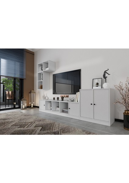 Duvar Kitaplıklı Raflı Dört Kapaklı Tv Ünitesi Beyaz Çıtasız 227 cm TV-1222-Ç fiyatları